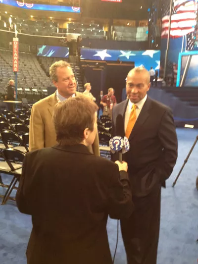 Harrington interviewing Mass. Gov. Deval Patrick.