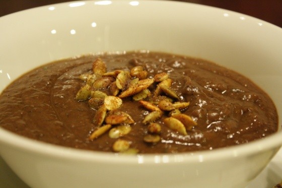Hearty pumpkin soup made super filling with black beans
