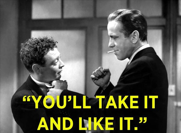 Humphrey Bogart smacks around Peter Lorre in this scene from The Maltese Falcon. (Photo credit: Warner Bros.)