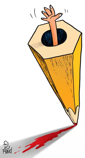 In this illustration, Al-Rawi says he’s showing how dangerous the pursuit of freedom of expression can be. “There is also a defiant and surviving hand sticking out of the pencil hole.” - ILLUSTRATION BY RÁED AL-RAWI