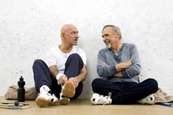 JOE LEDERER / SAMUEL GOLDWYN FILMS - MIND AND BODY: Intellectuals David (Ben Kingsley) and George (Dennis Hopper) take an exercise break &#10;in Elegy.