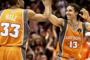 Phoenix Suns' Grant Hill and Steve Nash, wearing "Los Suns" jerseys in support of basic civil rights in Arizona