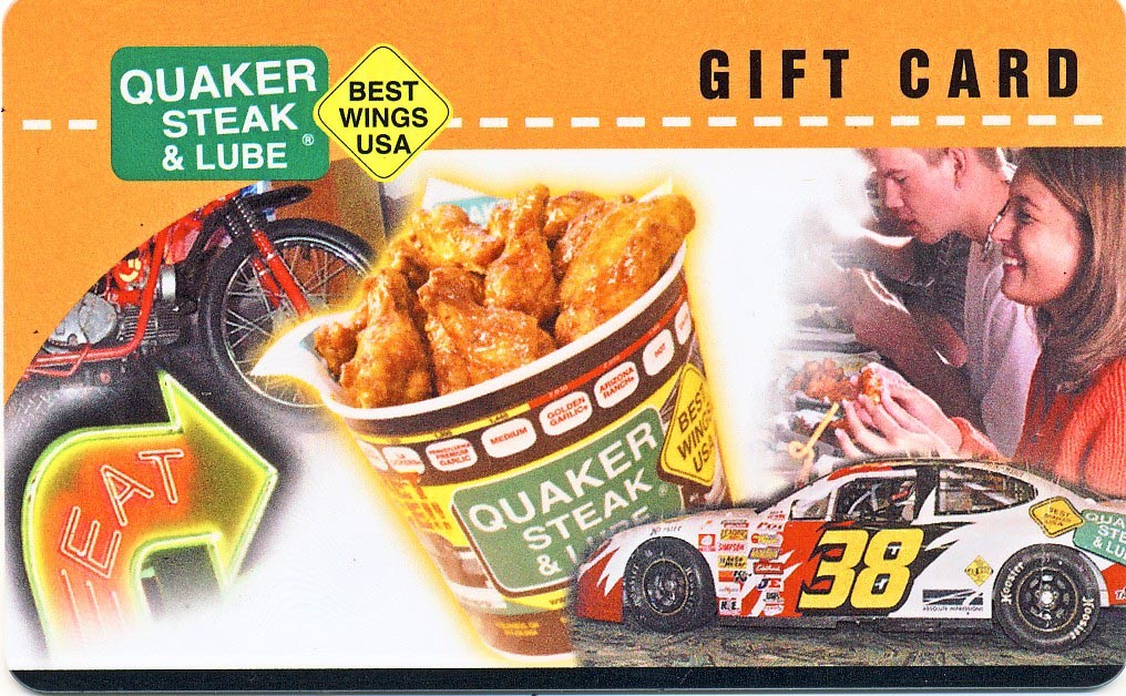 Quaker Steak and Lube - Purchase a $25 gift card, - receive a FREE Lube Loot Bonus Book. - Purchase a $50 gift card, - receive a FREE $10 Bonus Card - Purchase a $100 gift card, - receive a FREE $25 Bonus Card - 7731 Gateway Lane, - Concord. 704-979-5823. - Sunday-Wednesday 11 a.m.-midnight, Thursday 11 a.m.-1 a.m., Friday-Saturday 11 a.m.-2 a.m. - www.quakersteakandlube.com - Credit cards accepted