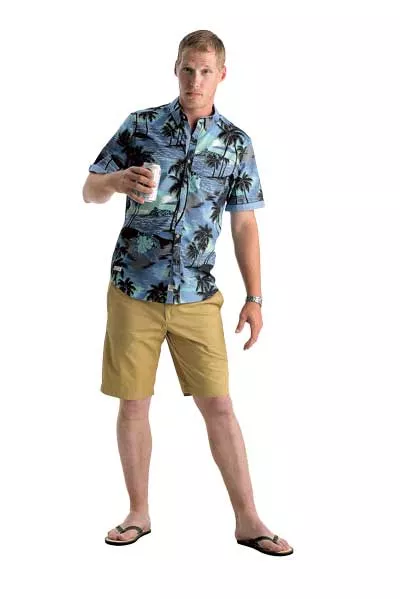 SilverFly &#124; 1111 Metropolitan Ave. Suite 1507 Diamonds Diamond Head Hawaiian print shirt: $79Penguin Solid Basic Short: $55Parke &amp; RonenFlip Flops: $25 - MODEL: BRANDON HERMAN &#124; PHOTO: JIM MCGUIRE &#124; MAKEUP: JAMI SVAY