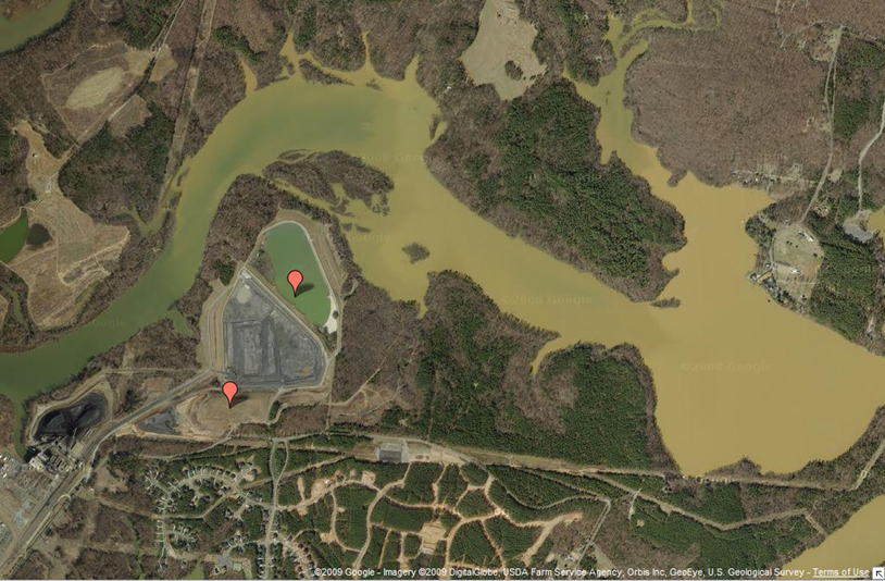 Satellite image of the coal ash ponds above Mountain Island Lake