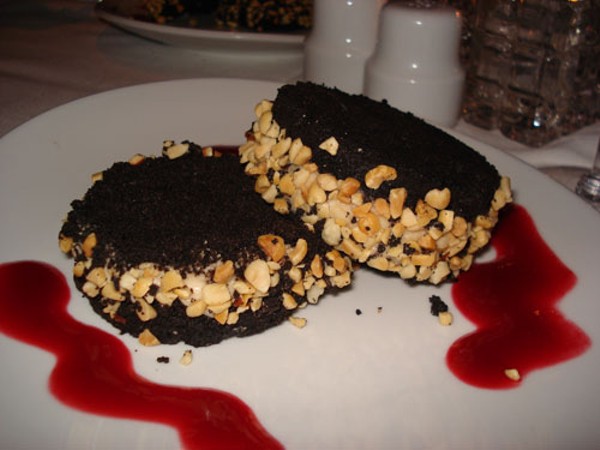 The chocolate peanut butter and jelly dessert, served with a raspberry sauce, was to die for.