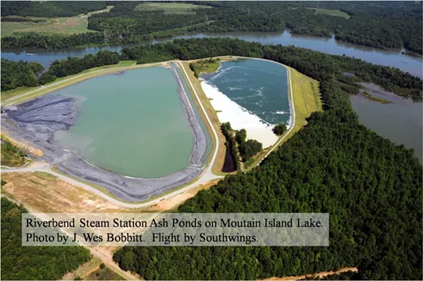 These are the two coal ash ponds on the edge of Charlottes main drinking water reservoir.