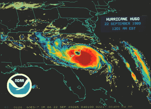 This satellite radar image shows Hugo slamming into the Carolina coast.