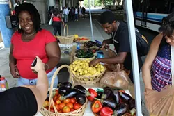 Trenisha Birtha (left) chats with customers at a recent Bulb market while Stephen Hayes picks out ingredients for a lasagna he planned on making. (Photo by Ryan Pitkin)