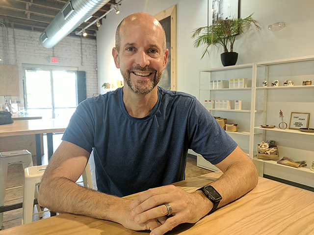 Brad Fanovich hanging in HEX Espresso Bar in South End. (Photo by Ryan Pitkin)