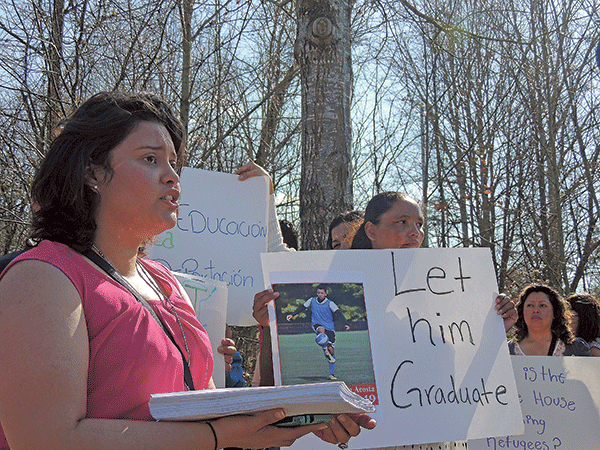 On February 29, Viridiana Martinez (left) and others dropped off more than 200 pages of documents with immigration officials in Charlotte requesting the release of the North Carolina 6. (Photo by Ryan Pitkin)