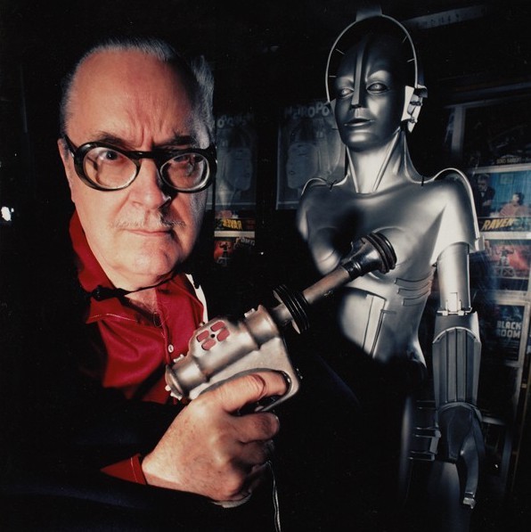 MAN AND MACHINE: Forrest J Ackerman with a replica (background) from his favorite movie, the silent classic Metropolis.