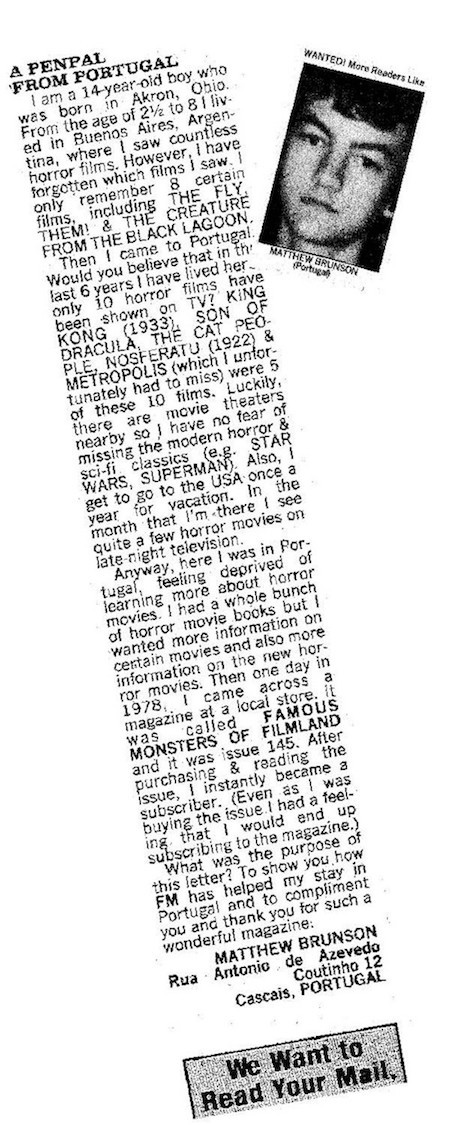 FAN MAIL: Back in 1981, I was thrilled to see my photo and letter appear in the pages of Famous Monsters of Filmland. Of course, I would like to think my writing has improved a wee bit since those days. (Photo: Warren Publishing)