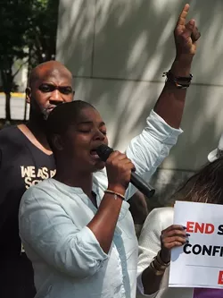 Brandy Hamilton speaks at a recent press conference in uptown Charlotte. (Photo by Ryan Pitkin)
