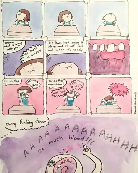 A cartoon based on a childhood scenario. "I used to drive my teachers crazy by obsessively yanking on and pulling out my barely loose teeth. I just can’t leave things alone," Barnhardt writes of this piece.