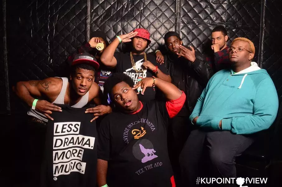 Tony P. (top center, saluting) with the Phazer Gang in 2014. Other members are (front, from left) Braille Rhymstone and Hadal and (back, from left) FLLS FKA L, Potts, Francesko the Artist, AXNT, and T.E.S. (Photo by ZuesAllOver)