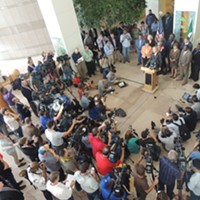Mayor Roberts addresses national and local media this morning at the Charlotte-Mecklenburg Government Center.