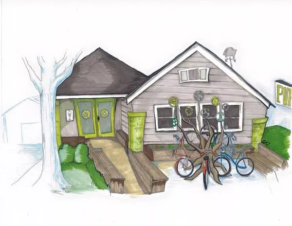 Local artist Sarah Pollock drew up this rendering of Pure Pizza after the bike rack is installed.