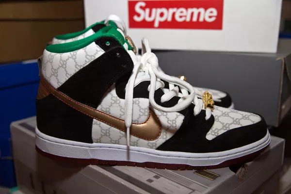 The Black Sheep Nike SB Dunk High “Paid in Full” was pulled before it hit shelves due to a pending lawsuit from Gucci. Alex Brown was able to get a pair from a connection who can’t be named here for legal reasons. (Photos by Jeff Hahne)