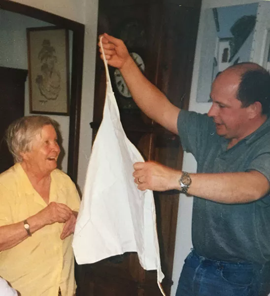 Chef Charles with his mother and the famous apron.