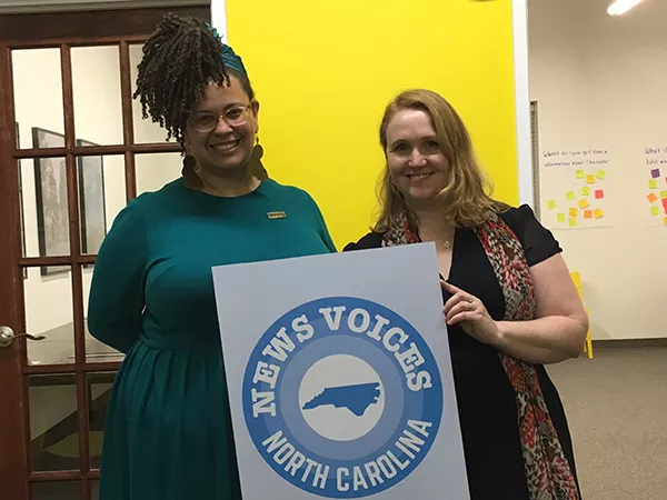 Alicia Bell (left) and Fiona Morgan at a recent News Voice launch party in Charlotte. Photo by Mary Alice Crim.