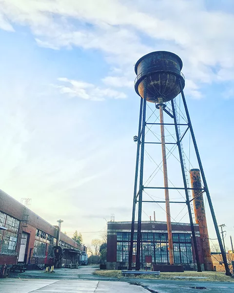 A giant water tower rises above the CAMP North End site. Photo by Michael O'Neill.