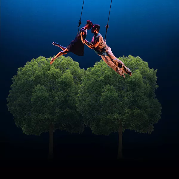 Sarah Small and Javier Gonzalez float above a tree line.
