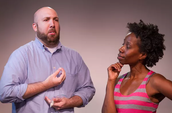 So many questions. Tracie Frank listens to Kevin Shimko in "Runt" rehearsals. (Photo by Chuck Bludsworth)