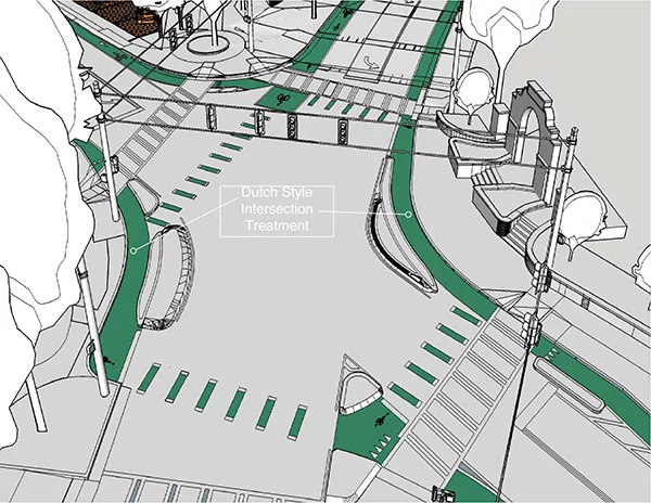 A rendering depicts changes planned for the 5 Points intersection for the Better Block event.
