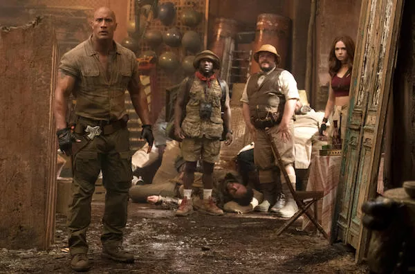 Dwayne Johnson, Kevin Hart, Jack Black and Karen Gillan in Jumanji: Welcome to the Jungle (Photo: Columbia)