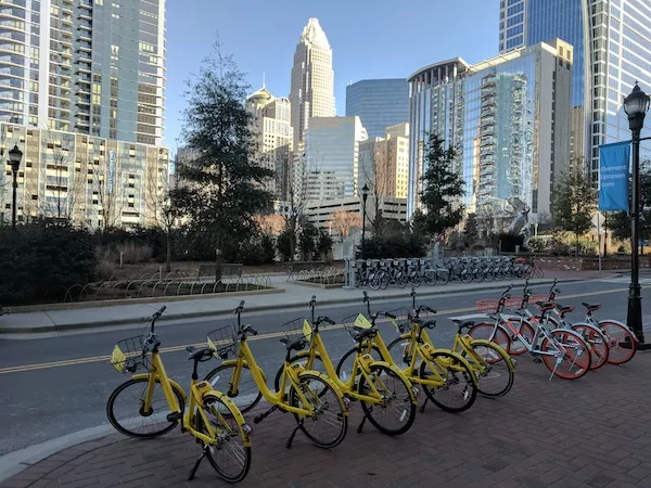 A bevy of bike shares: Dockless bikes on West Martin Luther King Jr. Boulevard, with a B-cycle docking station in the foreground.