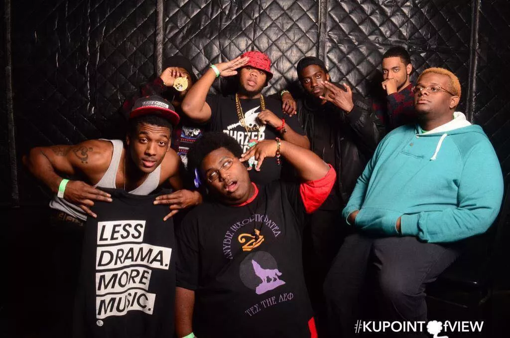 Tony P. (top center, saluting) with the Phazer Gang in 2014. Other members are (front, from left) Braille Rhymstone and Hadal and (back, from left) FLLS FKA L, Potts, Francesko the Artist, AXNT, and T.E.S. (Photo by ZuesAllOver)