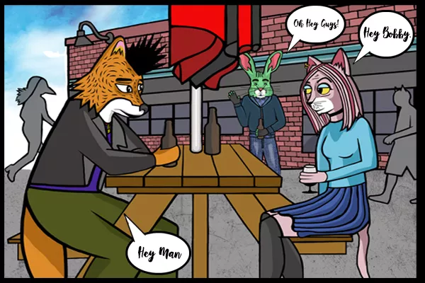 Push! characters Reynard, Bobby and Felisha hang out at the Common Market.
