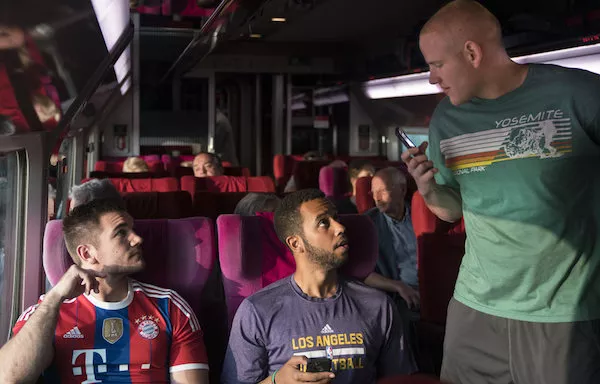 Alek Skarlatos, Anthony Sadler and Spencer Stone in The 15:17 to Paris (Photo: Warner)