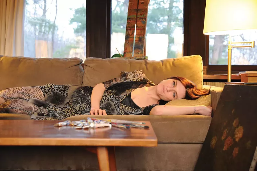 Artist’s Muse - Alexandra Jay Snyder is wearing a Mary Green 100 percent silk gown, kimono, and chemise slip from Vidakafka in Woodstock. - KELLY MERCHANT