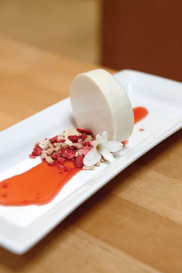 Cheerios-infused “panna cotta†with fluid strawberry gel, freeze-dried strawberries and bananas, and hyacinth flower. - . PRESTON + SCHLEBUSCH