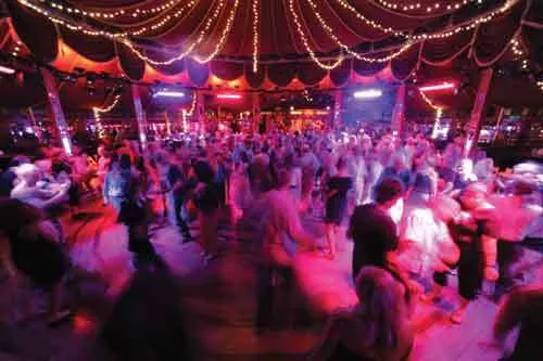 Dancing at the Spiegletent at Bard College, July 8. Photo by Karl Rabe.