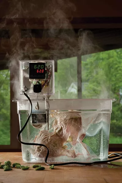 Duck legs cooking sous vide with spruce tips. This is the immersion circulator shown in Make magazine, as built by David Shaw (www.blog.belm.com).