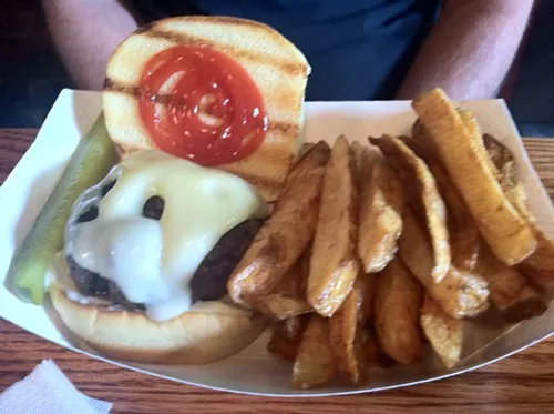 Grass-fed burger at Matchbox Cafe in Rhinebec