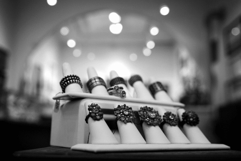 Handcrafted jewelry at Shelley K in Saugerties: oxidized sterling and sapphire and diamond rings by Billy Van Bakker; rings by Klaus Burgel (top); and gold rings by Barbara Zucker (center). - JENNIFER MAY
