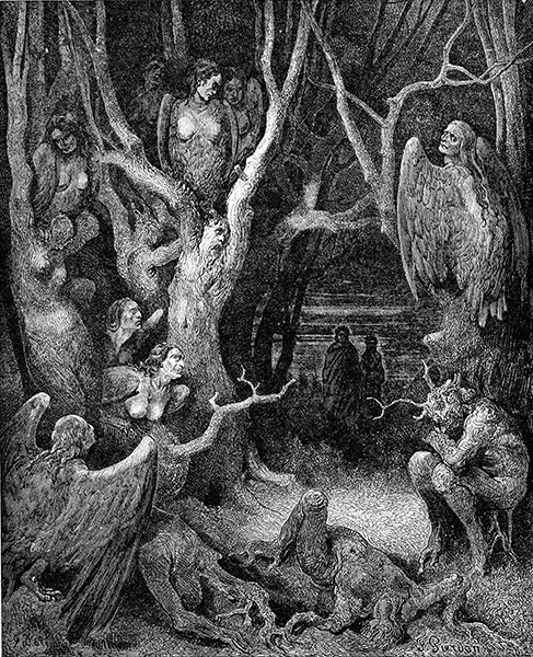 Harpies in the Forest of Suicides, an 1861 engraving by Gustave Doré.
