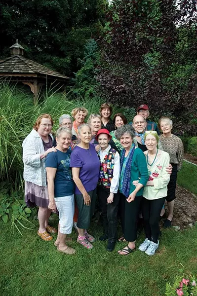 Members of Abby Thomas’s memoir-writing group: Front Row, L to R: Kathy Burgher, Perri Ardman, Suzanne Dean, Annie LaBarge, Ruth Wahtera. - Middle Row: Nancy Henry, Micky Shorr, Sharon Stonekey, Phyllis Silvers, Craig Mawhirt, Barbara Sarah. - Back Row: Abigail Thomas, Carol Dwyer, Robert Smith. - Not pictured: Roberta Jehu, Nancy Juretie, Marjorie Leopold, Marge Roberts - ROY GUMPEL