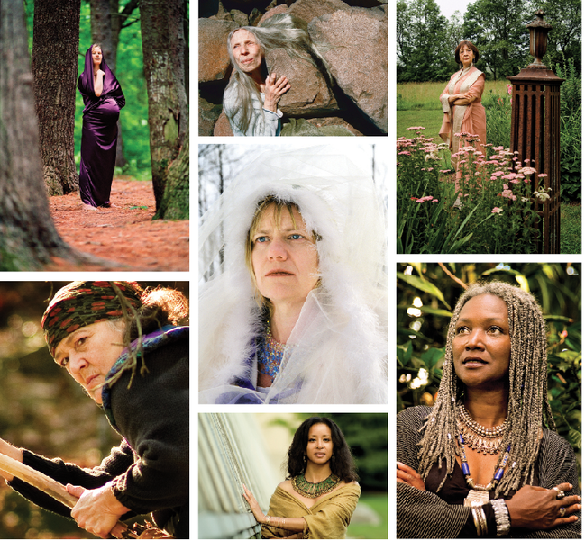 Portraits from Goddess on Earth: Portraits of the Divine Feminine by Lisa Levart, Lush Press, 2011, clockwise from top left: Katie Scoville Wilson as Mary Magdalene; Renée Gorin as Becate; Madhur Jaffrey as Durga; Jan Hilliard as Bathor; Crystal Johnson as Isis; Susun Weed as Baba Yaga; center: Maria Palmer as Norns.