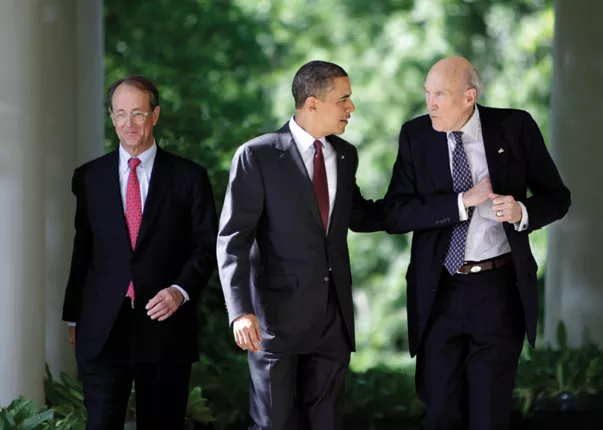 President Barack Obama speaks with former Republican Senator Alan Simpson (R) at the White House in Washington on April 27, 2010. Pictured on the left is former White House chief of staff Erskine Bowles. Simpson and Bowles were co-chairs of Obama’s fiscal commission, in charge of deficit reduction. - REUTERS / YURI GRIPAS