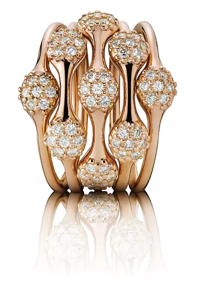 Rings from Pandora’s Lovepods Collection, 18K rose gold with pave diamonds in 1, 2 & 3 pods.