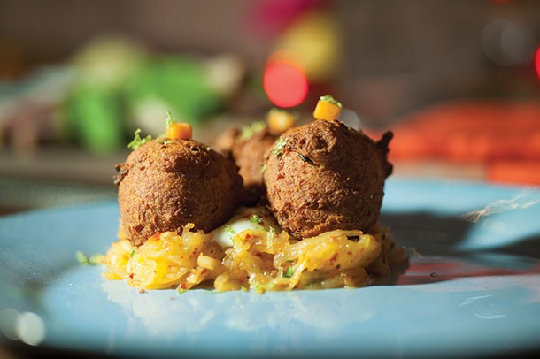 Chickpea fritters on spaghetti squash - ROY GUMPEL