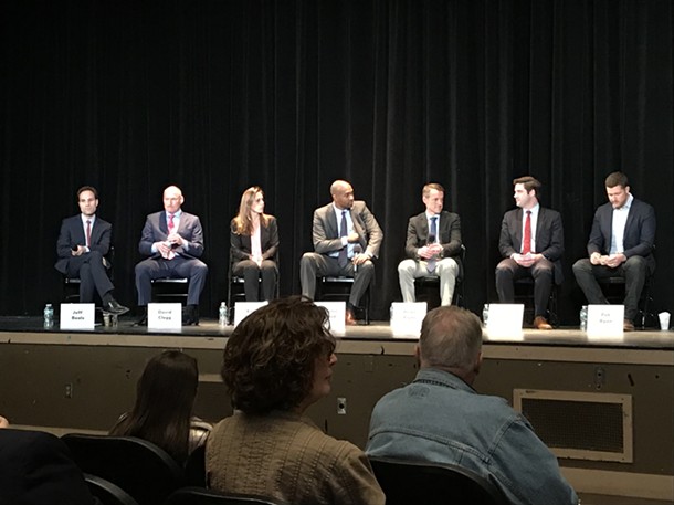 Candidates from left to right—Jeff Beals, David Clegg, Erin Collier, Antonio Delgado, Brian Flynn, Gareth Rhodes, Pat Ryan—at a forum in Kingston on April 26.