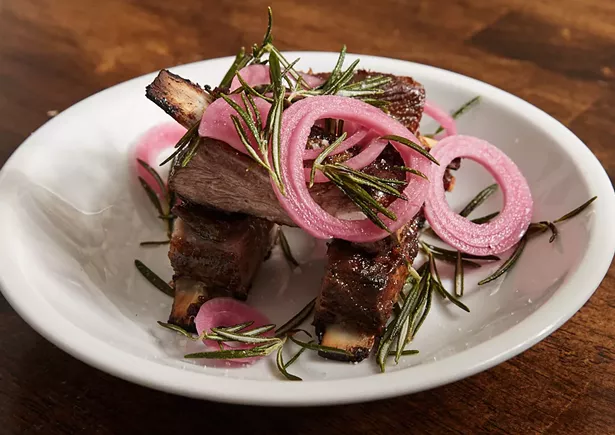 Lamb ribs with fried rosemary and pickled onions at Dolly's Restaurant in Garrison, NY.