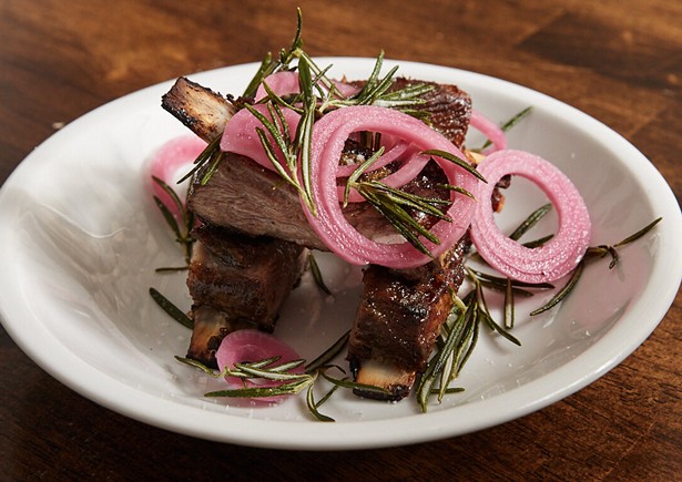 Lamb ribs with fried rosemary and pickled onions at Dolly's Restaurant in Garrison, NY.