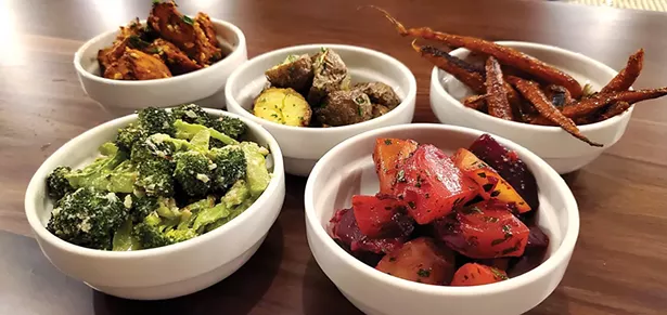 Some of the Table Shares available at Roe Jan Brewing Company: Cashew BBQ Sweet Potato, Roasted Potato, Honeyed Carrots, Rosemary Beets, Broccoli Parmesan.